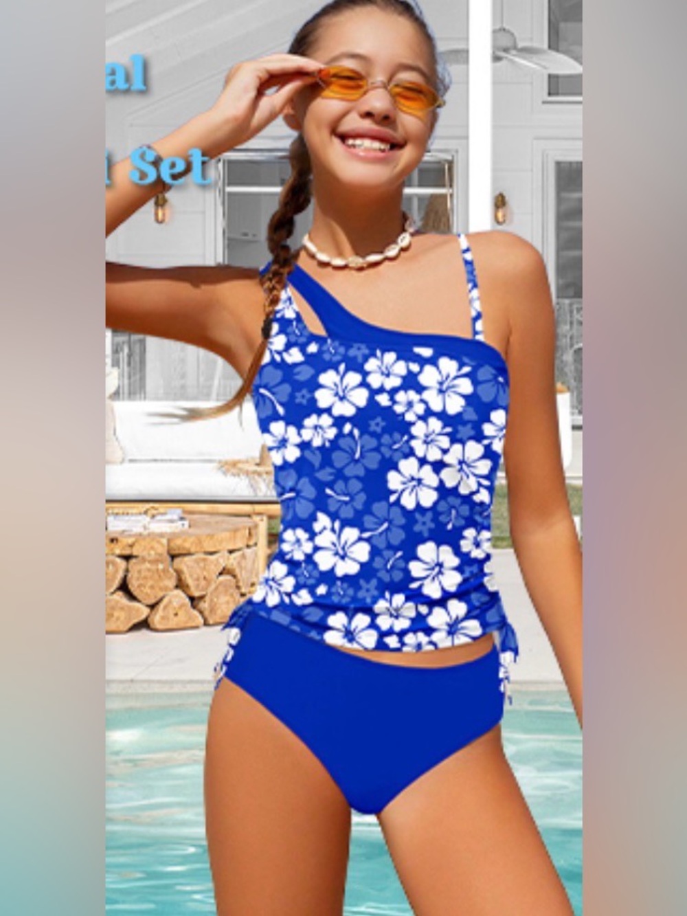 Blue Floral One-Shoulder Tankini Set
